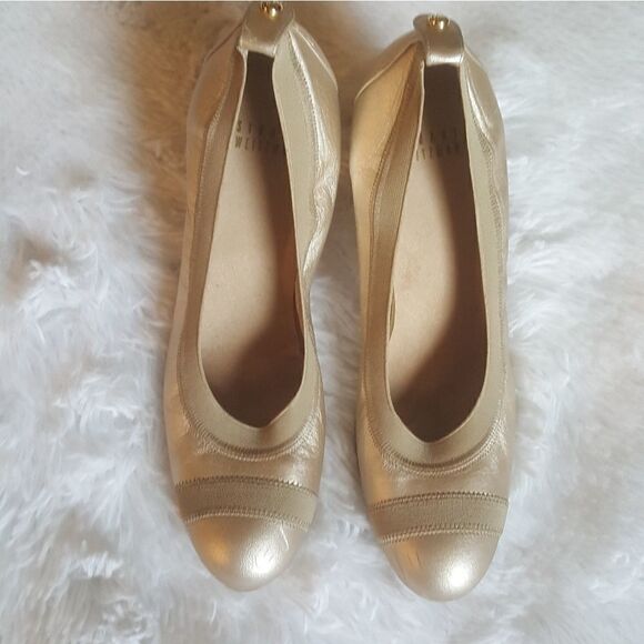 Stuart Weitzman Vintage Heels Pumps Gold Elastic Top Trim Block Heel Size 7.5 - Picture 3 of 16